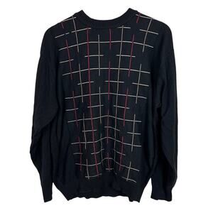 Protege Men's Large Silk Cotton Blend Black Pullover Crew Neck Sweater Geometric